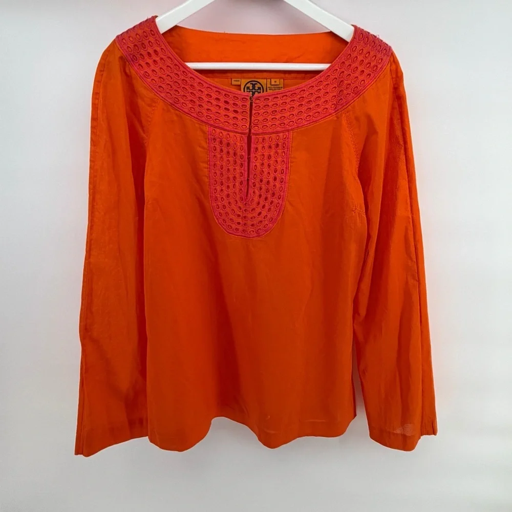 Tory Burch Orange and pink Long-Sleeve Tunic with Embroidered Yoke